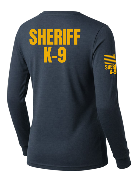 Navy Blue Sheriff K-9 Women's Shirt - Long Sleeve (Golden Yellow) - Back Police Sheriff Uniform