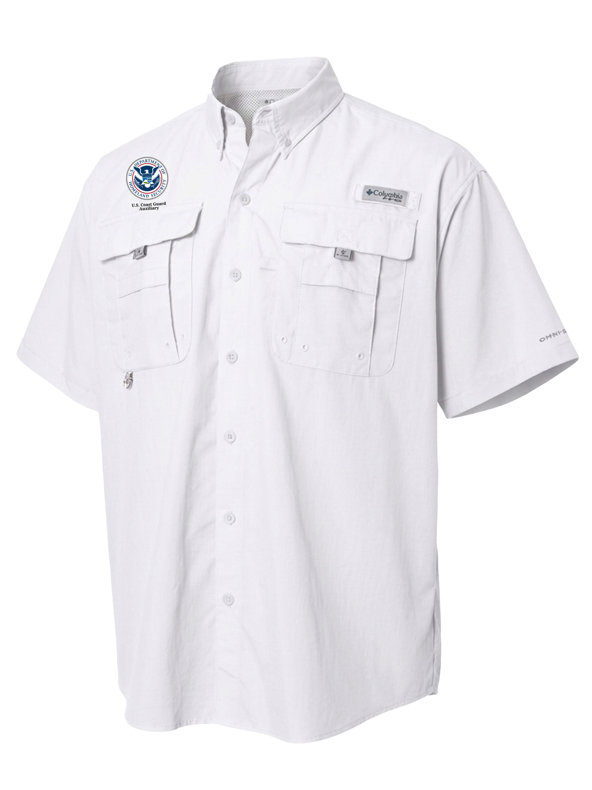 U.S. Coast Guard Auxiliary (USCGA) Men's Columbia Bahama™ II Button Up Short Sleeve  White government employee uniform shirt