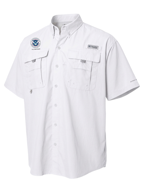 U.S. Coast Guard (USCG) Men's Columbia Bahama™ II Button Up Short Sleeve  White government employee uniform shirt