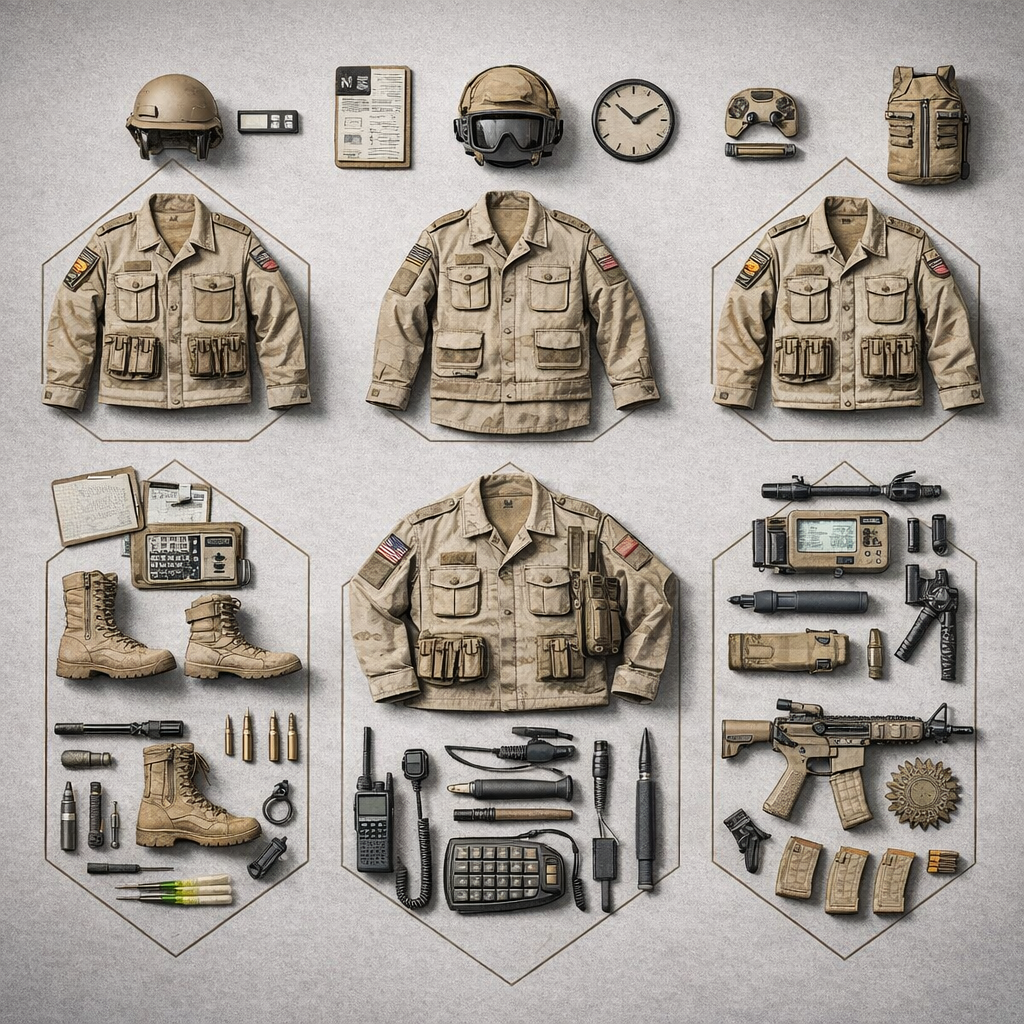 Virtual Quartermaster system displaying tactical uniforms, military gear, boots, radios, and weapons for efficient digital inventory and equipment management.