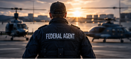 Agency employee in front of helicopters at sunset