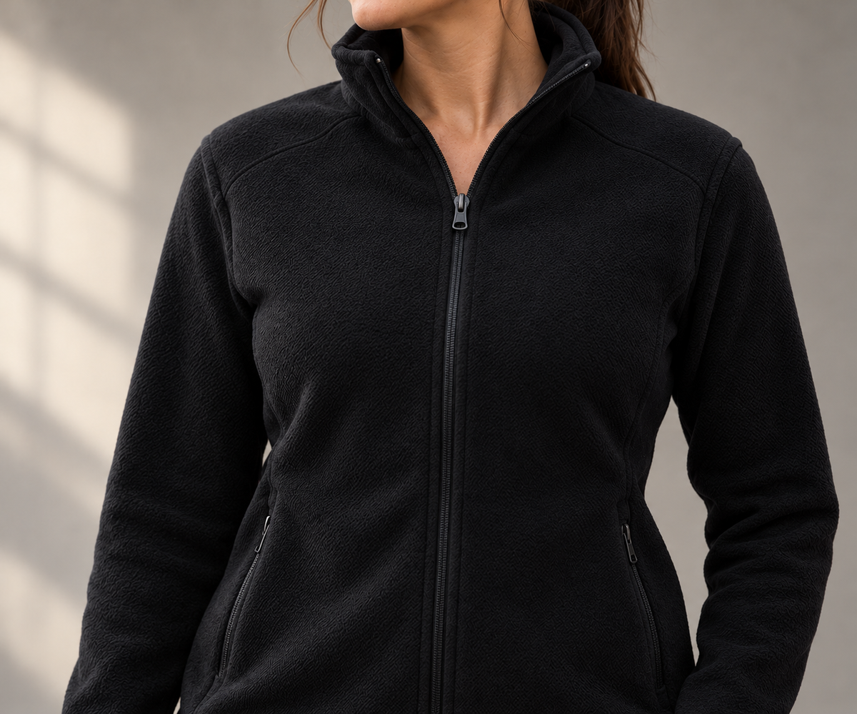 Unbranded fleece apparel close-up against a simple warm gray background
