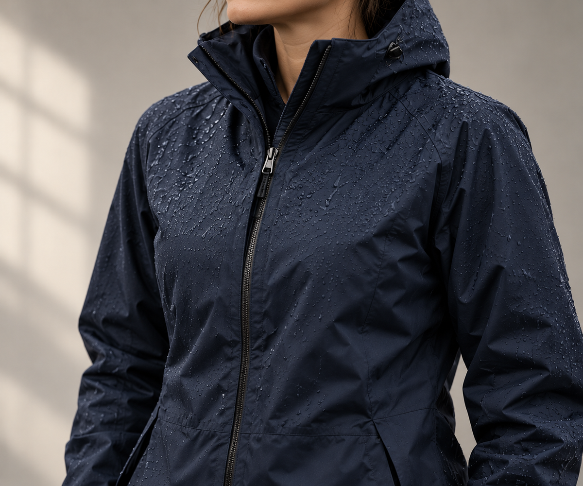 Unbranded rain jacket apparel close-up against a simple warm gray background
