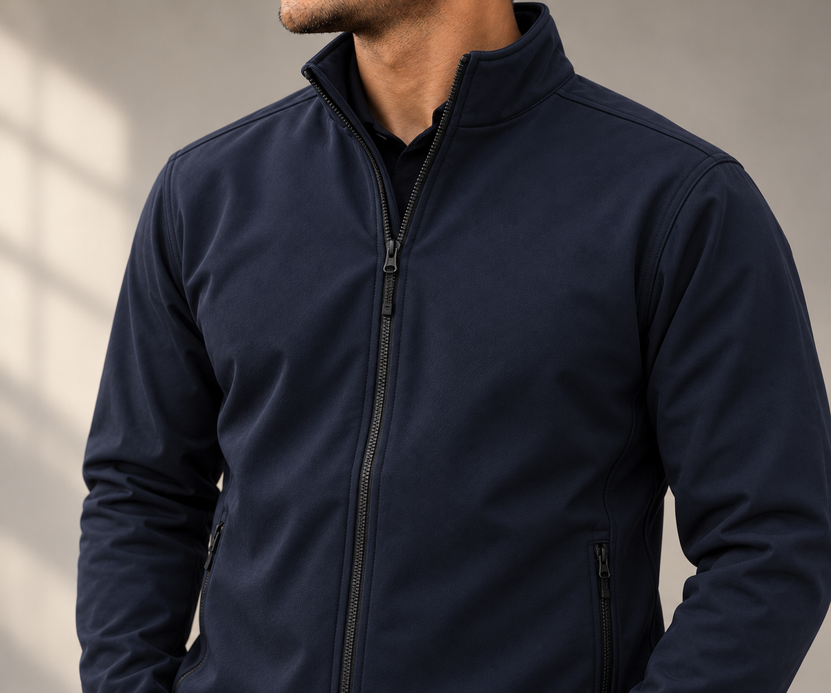 Unbranded softshell apparel close-up against a simple warm gray background