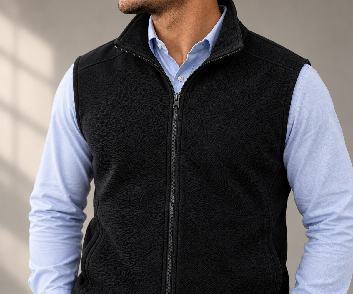 Unbranded vest apparel close-up against a simple warm gray background