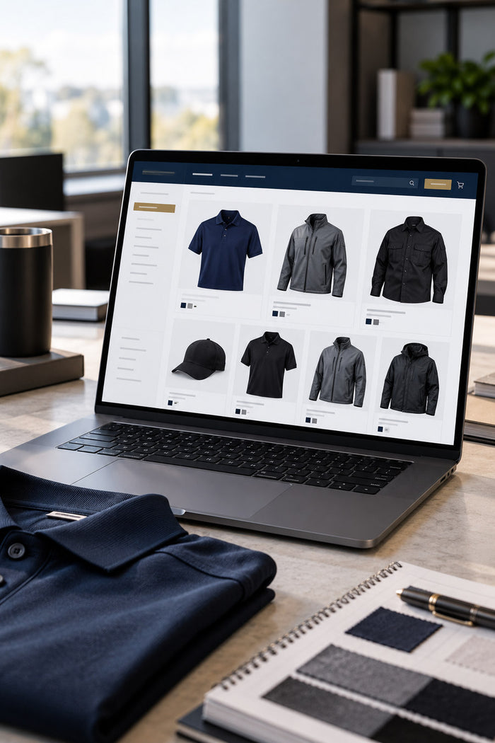Laptop displaying a catalog of uniform products for a dedicated agency ordering portal