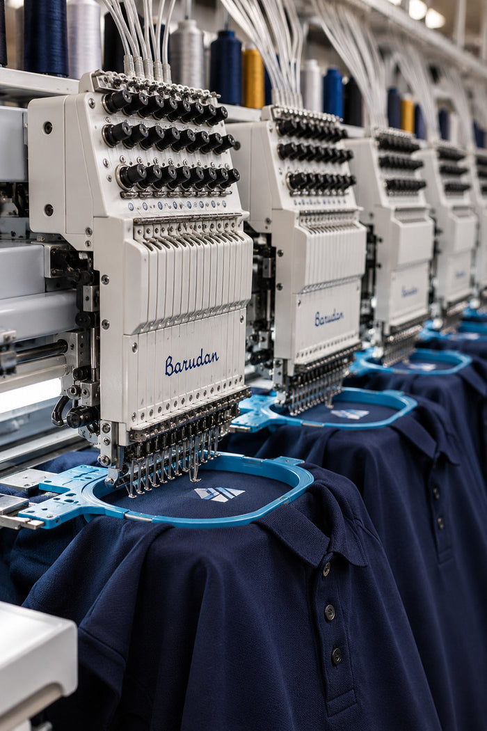 Barudan multi-head embroidery machines stitching navy polos