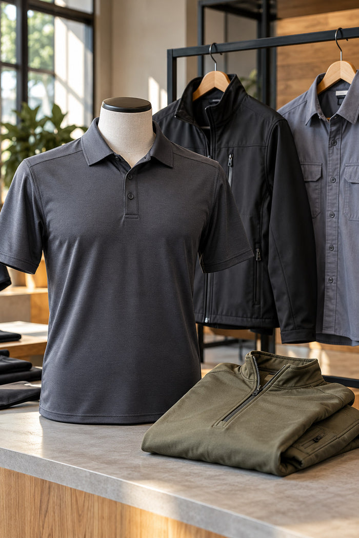 Professional polo shirts, jackets and button-down uniform apparel on display
