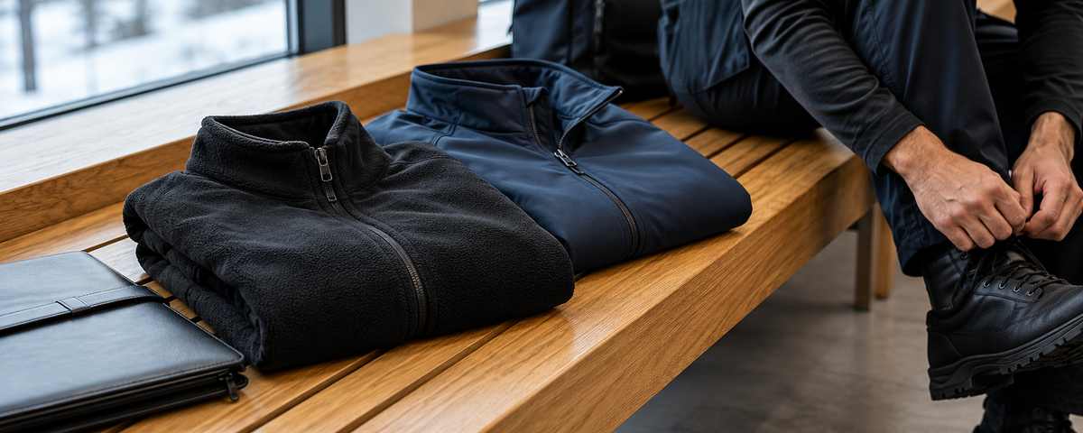 Black microfleece jacket and navy soft shell neatly folded on warm oak bench beside a closed work folio, cuffs and collars arranged naturally, close tactile fabric details, cool window daylight and warm wood, no floating garments