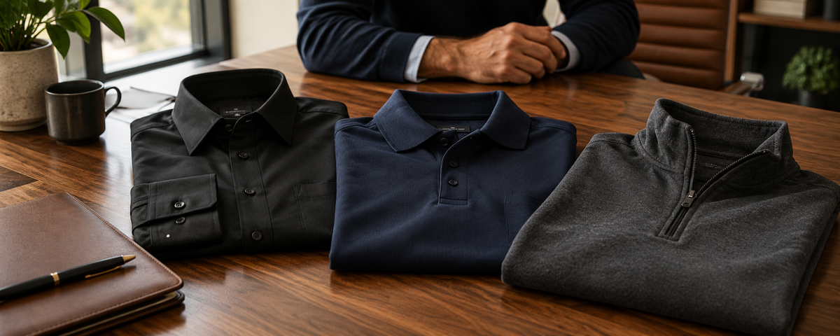 Crisp black button up shirt, navy performance polo and charcoal quarter zip arranged naturally folded on warm walnut table with understated leather folio, clear collars and rich fabric textures, elegant office daylight, no floating garments