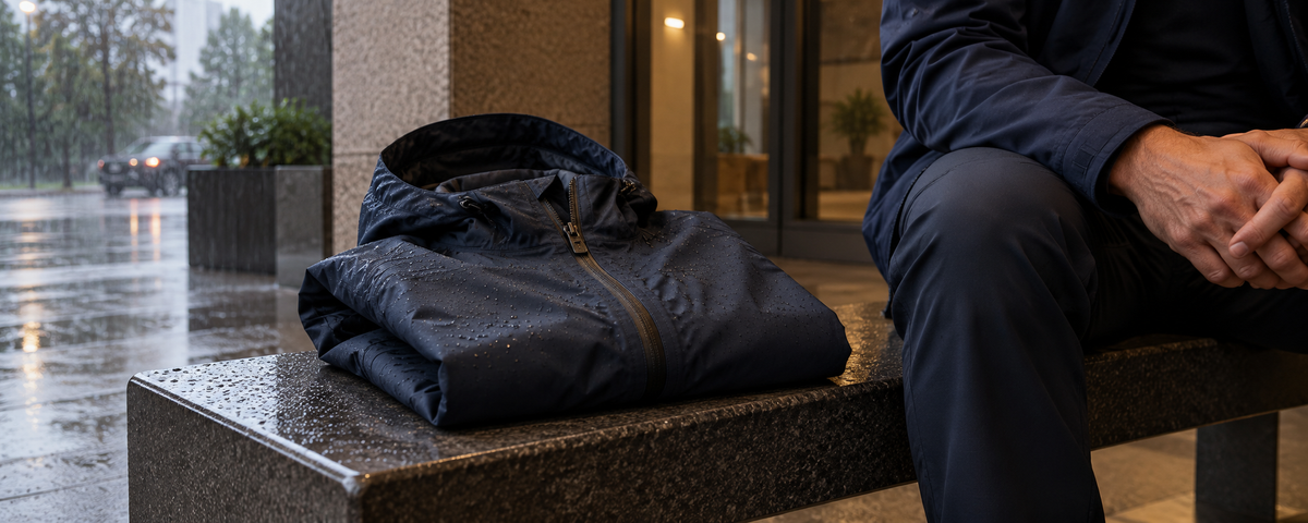 Dark navy lightweight waterproof shell jacket folded naturally on dark stone bench beneath sheltered building entrance, hood and waterproof zipper visible, subtle water droplets on fabric, rain softly blurred beyond window, no floating garments