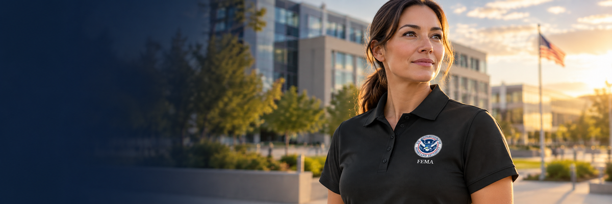 Agency employee in front of helicopters at sunset