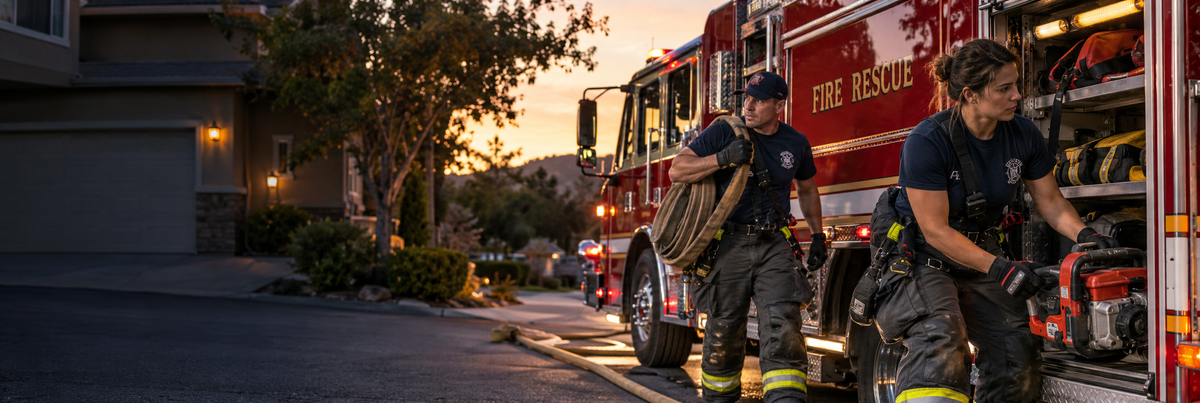 Fire public service professionals wearing work apparel on assignment