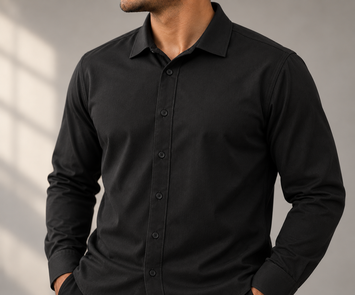 Mercer+Mettle MM2000 long-sleeve stretch woven button-up close-up on a simple neutral background