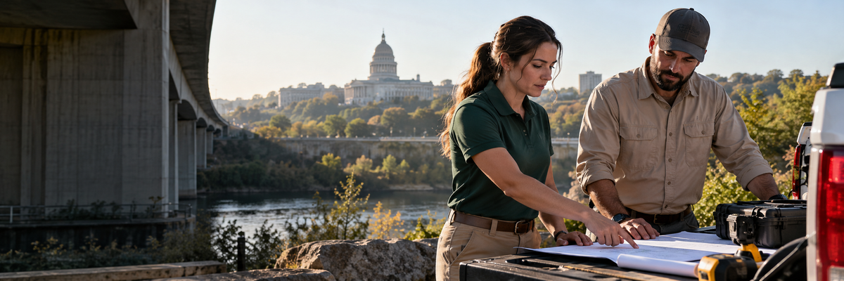 State public service professionals wearing work apparel on assignment