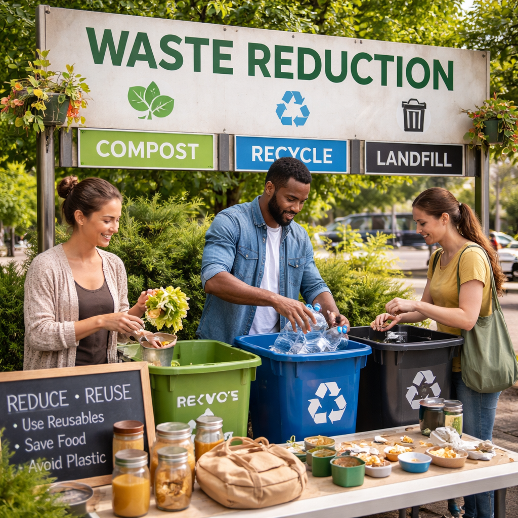 Three people at an outdoor recycling station work together to reduce waste. Soring items into labeled bins for compost, recycling, and landfill.