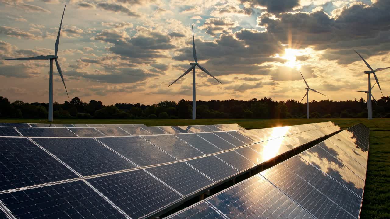 A renewable energy landscape featuring wind turbines and rows of solar panels generating clean electricity at sunset, highlighting sustainable power production and efficient energy use in a modern green energy facility.