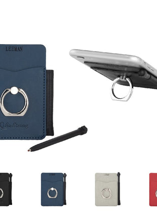 100 UNITS - LEATHER CARDHOLDER WITH METAL RING STAND AND STYLUS