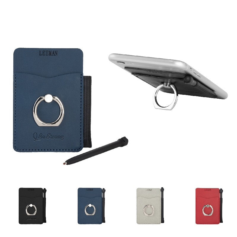 100 UNITS - LEATHER CARDHOLDER WITH METAL RING STAND AND STYLUS